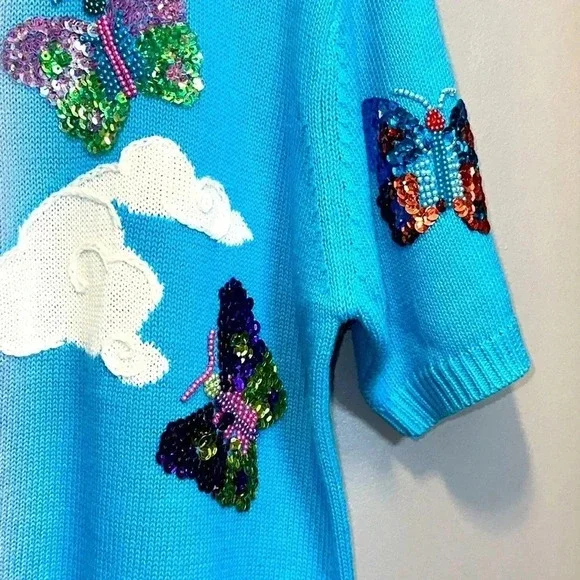 TERAZZO Women’s Vintage Fully Embellished S/S Sweater MED 55% Ramie 45% Cotton - Picture 4 of 8